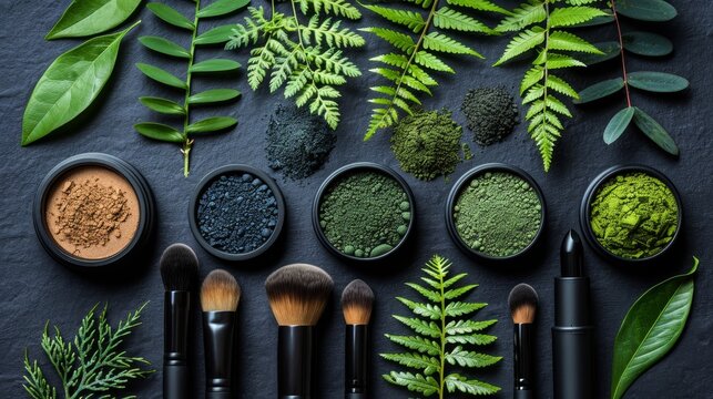 Top view of beauty products for makeup and skincare on blue background with copy space