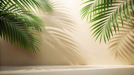 Minimalist Summer Background with Palm Leaf Shadows on Cream Wall

