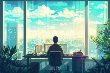 Fototapeta premium Person working on a computer in a high-rise office with a beautiful cityscape view and sky through large windows.