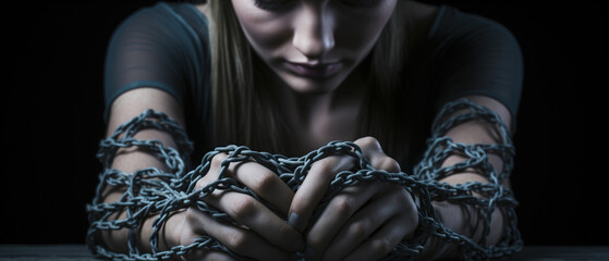 Is this the world we want? The chains of human trafficking: a call to action. A womans hands bound with chains, a powerful symbol of the devastating impact of human trafficking.