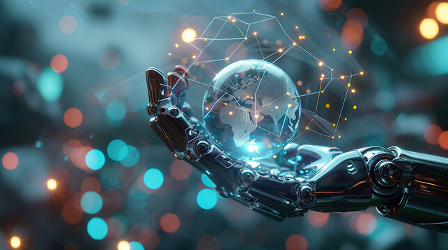 robot hand holding blue glowing crystal ball