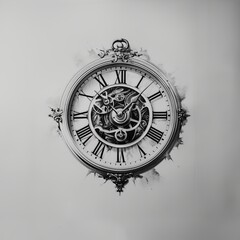 A clock tattoo featuring Roman numerals, intricate mechanics, executed in black ink, set against a plain white background