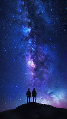 A scene of a couple standing on a hilltop under a starlit sky, looking at the vast expanse of stars. The Milky Way is visible, and the atmosphere is magical and awe-inspiring