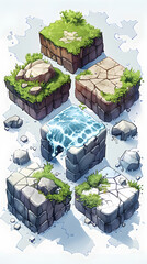 Isometric 2d Game texture tiles. 2D cartoon level ground blocks of various materials, rock, sand, ice, water, grass, stone.	
