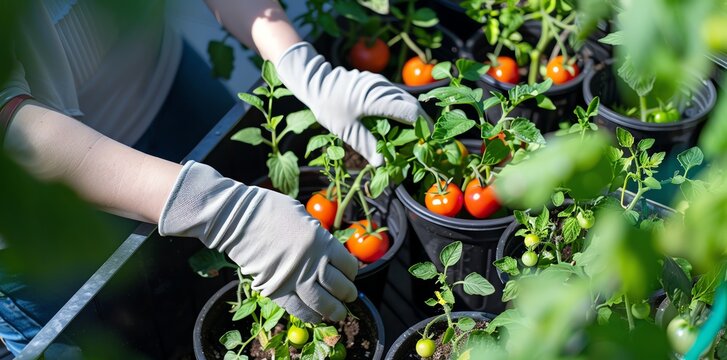 A woman wearing gardening gloves tending to tomato plants in black pots on her balcony, with tomatoes growing from the plant's branches and green leaves - Powered by Adobe