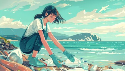 Woman cleaning beach, picking up plastic waste and bottles to protect the environment, save marine life, and ensure a clean coastline.