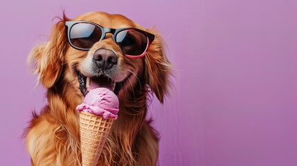 Funny animal pet summer holiday vacation photography banner - Closeup of dog with sunglasses, eating ice cream in cone