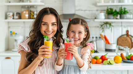 Happy young beautiful mother and her little daughter enjoying healthy pink berry smoothie drink or juice, drinking and enjoy fresh cocktail in the kitchen. diet, detox and Healthy food concept.