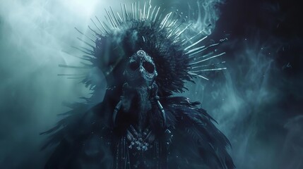 High-angle view of an evil witch doctor with an elaborate head dress, shrouded in fog, 3D render, dark atmosphere, mystical and eerie mood