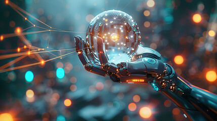 robot hand holding blue glowing crystal ball