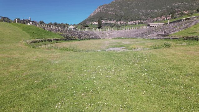 Ancient Theater Archaeological Site Of Ancient Messene In Peloponnese, Greece - Tilt Up Shot