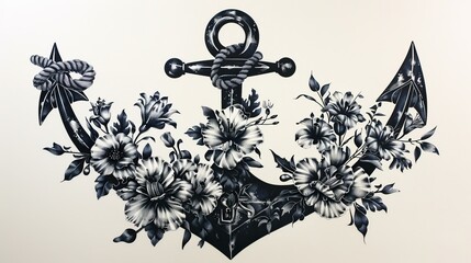 Floral anchor tattoo, nautical elements and flowers, black ink, set against a plain white background