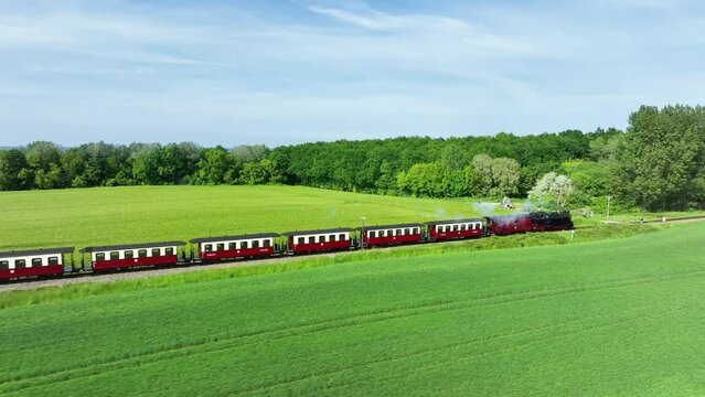 Steam train travels in the direction of a forest