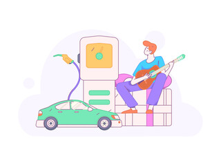 Vector Internet operation hand-drawn illustration of people getting discounts for refueling their cars
