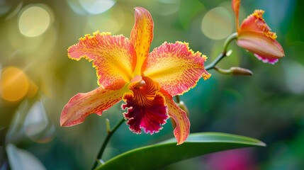 A close-up of a single orchid bloom, showcasing its intricate petals and vibrant colors.