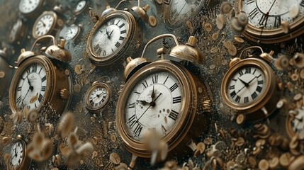Falling clocks  a surreal moment captured in motion, timepieces descending in unison