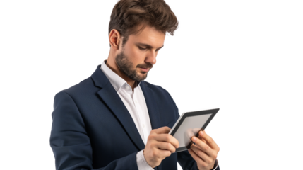 portrait of a businessman using a digital tablet isolated on transparent background 