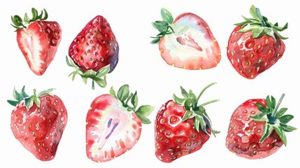 Set of watercolor painted strawberries isolated on white background
