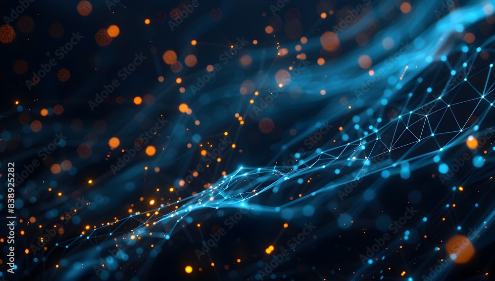 Poster abstract digital background with glowing blue and orange dots connected in the style of lines formin