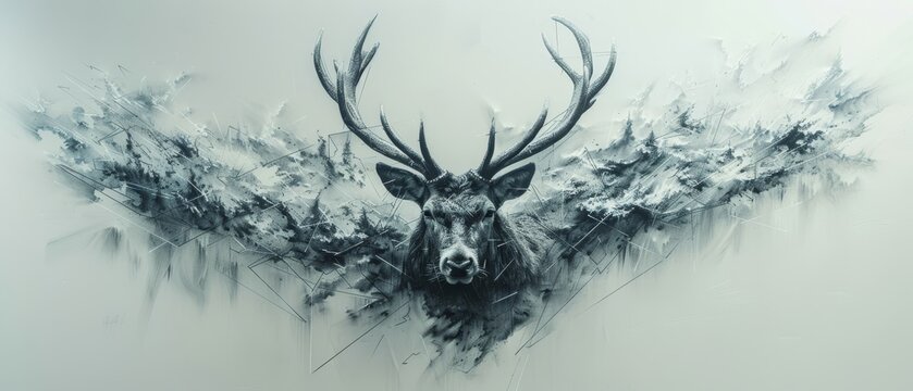 Geometric deer tattoo with detailed antlers in black ink, set against a plain white background