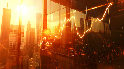 A line graph depicting financial growth bursts through a window, bathed in warm sunlight. The cityscape below reflects the graph's trajectory.