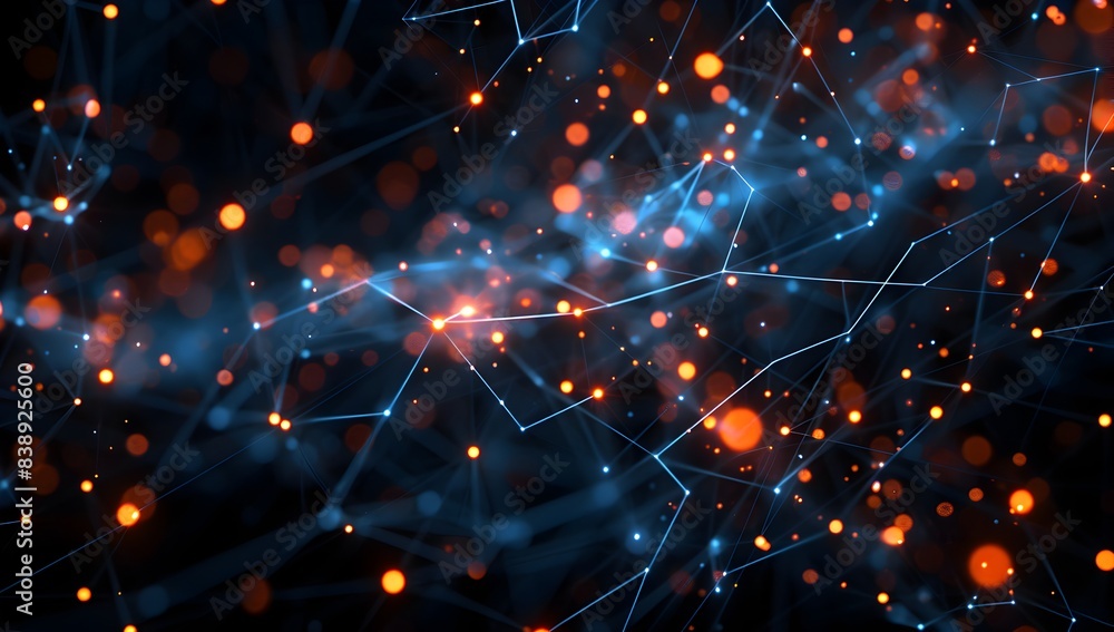 Poster abstract digital background with glowing blue and orange dots connected in the style of lines formin