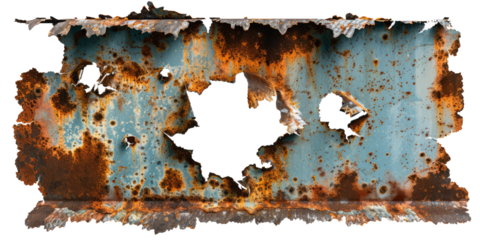 A bullet hole in a metal sign, with the torn edges and fragments conveying the force.