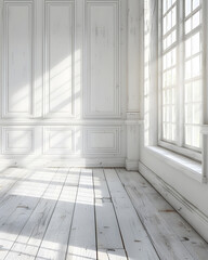 Empty white room with lights and shadows of window mock up