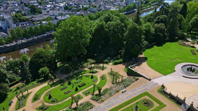 Perrine Garden along Mayenne river, Laval in France. Aerial top-down forward