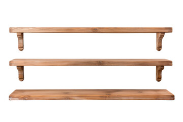 The Trio of Rustic Wooden Shelves on a White or Clear Surface PNG Transparent Background.