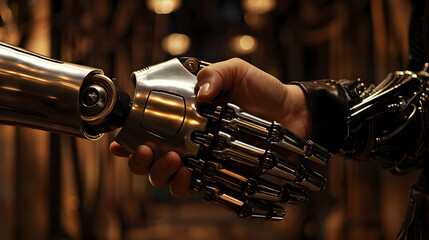 Obraz premium A human hand shaking a metallic robotic hand, symbolizing the future of finance and technology.