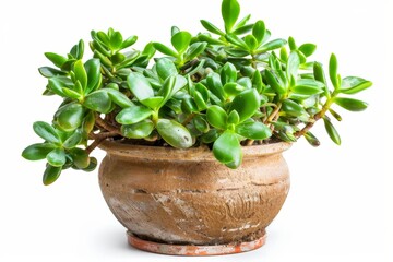Naklejka premium Jade plant (Crassula ovata) in Flowerpot Closeup, Crassula Macro House Plant in Flowerpot on Blurred Background