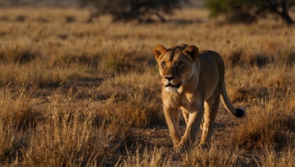 The raw power and regal presence of a lioness leading her pride across the golden savanna ai_generated