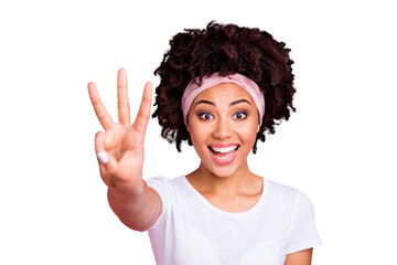 Close up photo beautiful amazing she her dark skin lady hold hand arm counting three two one till start beginning show funky mood wear head scarf casual white t-shirt isolated pink bright background