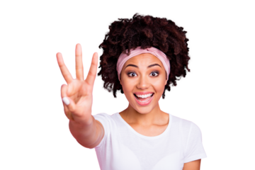 Close up photo beautiful amazing she her dark skin lady hold hand arm counting three two one till start beginning show funky mood wear head scarf casual white t-shirt isolated pink bright background