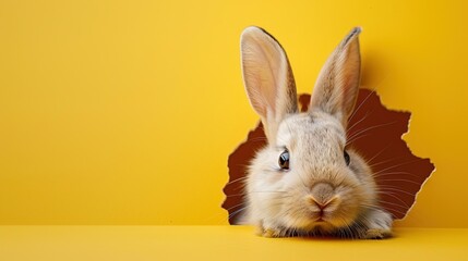 cute rabbit coming through crack hole in solid yellow background with copy space