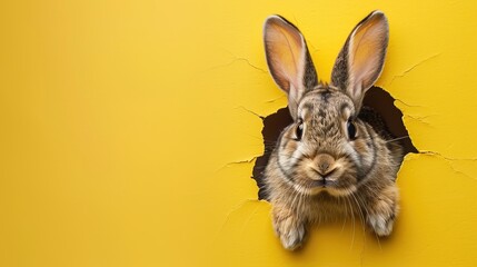 Obraz premium cute rabbit coming through crack hole in solid yellow background with copy space