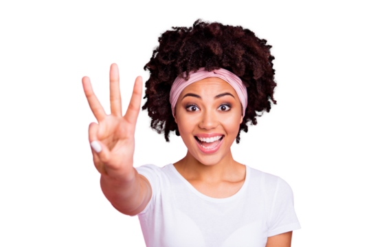 Close up photo beautiful amazing she her dark skin lady hold hand arm counting three two one till start beginning show funky mood wear head scarf casual white t-shirt isolated pink bright background