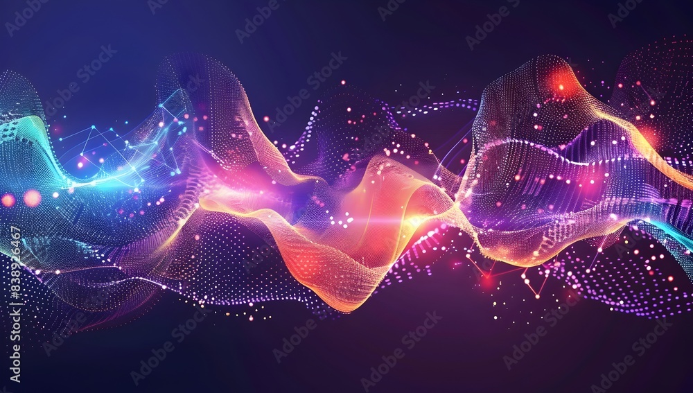 Poster abstract data visualization background with glowing waves and dots, low poly design