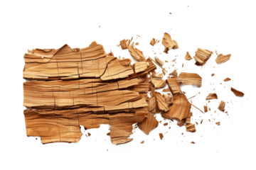 A wooden tablet snapping into splinters, highlighting the texture and grain of the wood against white.