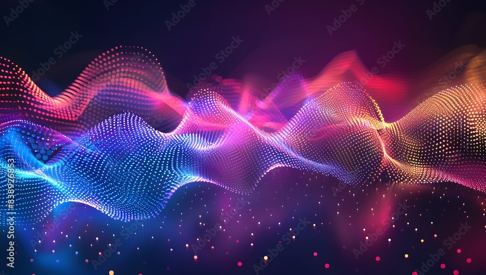 Poster abstract data visualization background with glowing waves and dots, low poly design