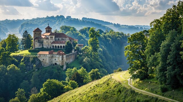 Wonderful European Landscape Image with Historic Buildings and Beautiful Rolling Fields.