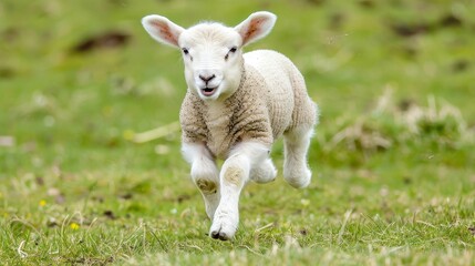 A cute lamb runs through a green grassy field, showcasing its playful and lively nature.