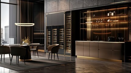 A high-end 3D rendering of a luxury interior design studio showcasing premium materials like lacquered cabinetry and designer furniture pieces, captured in a stylish studio shot with clear copy space