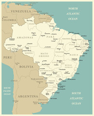 Obraz premium Brazil - detailed map with administrative divisions and capitals of countries. Vector illustration