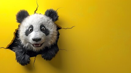 Fototapeta premium cute panda coming through crack hole in solid color background with copy space