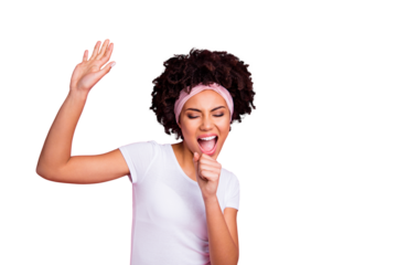 Close up photo beautiful funky amazing she her dark skin lady karaoke night club person hang out having fun hip-hop modern moves wear head scarf casual white t-shirt isolated pink bright background