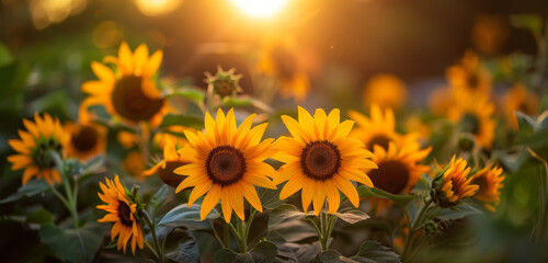 Obraz premium A field of vibrant sunflowers in full bloom, basking in the warm light of the setting sun.