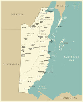 Belize - detailed map with administrative divisions and capitals of countries. Vector illustration