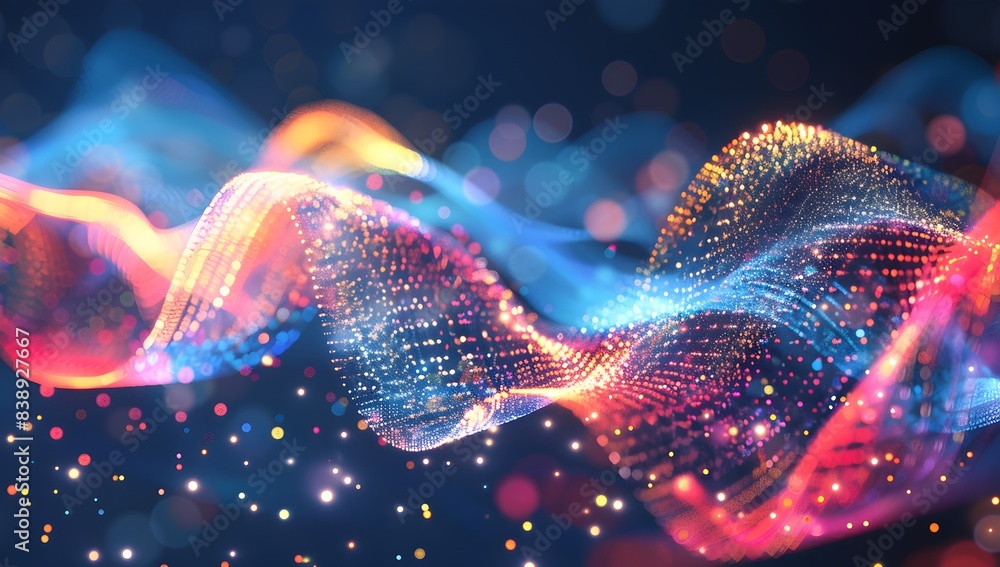 Poster abstract digital background with glowing blue and orange dots connected in the style of lines formin